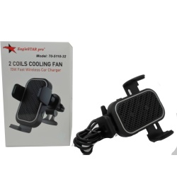 Car charger wireless 15W fast charge vent clip mount - 2 coils and cooling fan