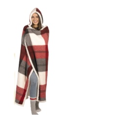 Printed hooded throw with reversible sherpa 48x65 inch winter plaid