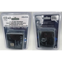 Universal travel adaptor with 2 usb port 2.1A total for export use - black