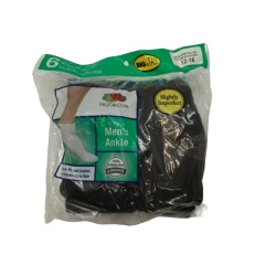 Ankle Socks Men's 6pk. Black Size 12-16 Fruit Of The Loom