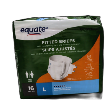 Fitted Briefs 16pk. Unisex Large W/re-attaching Tabs & Wetness Indicator Equate