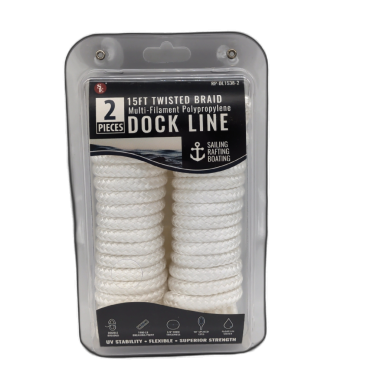 3/8 X 15' Twisted Braid Dock Line 2pk. White Multi-filament Polypropylene