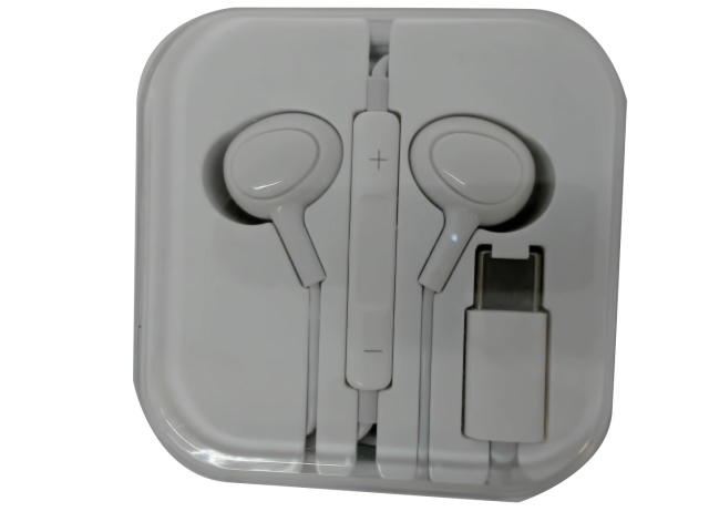 Earbuds with Type-C connector, microphone, and volume controls in-line
