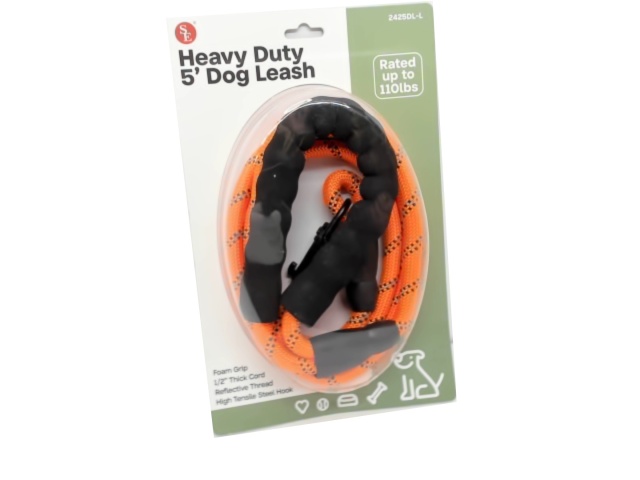 Dog Leash 1/2 x 5\' Heavy Duty Thick Cord w/Foam Grip Reflective\