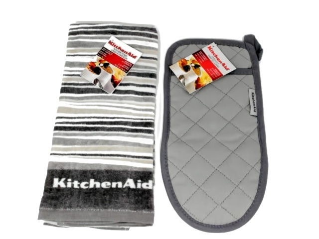 Kitchen Set 2pc. Oven Mitt & Towel Grey Stripe Kitchen Aid