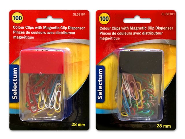 MAGNETIC CLIP DISPENSER W/100 COLOURED CLIPS, 28MM