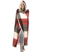 Printed hooded throw with reversible sherpa 48x65 inch winter plaid